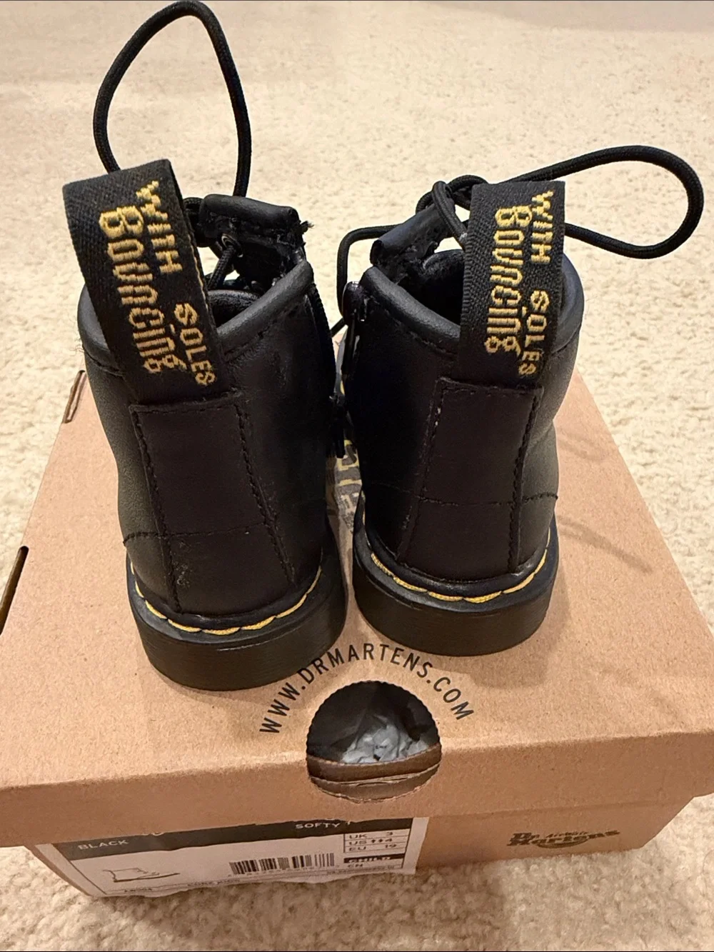 Dr. Martens Kids Black Leather Lace-Up Boots with Yellow Stitching
